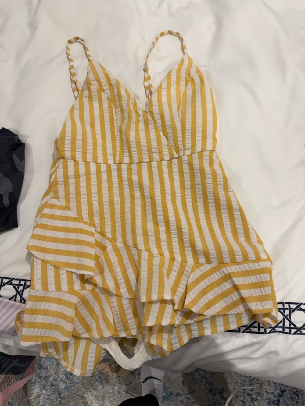 Yellow and White Striped Ruffle Romper
